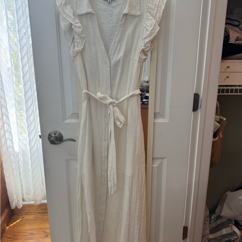 Fate Cream Ruffled Maxi Dress with Notched Collar